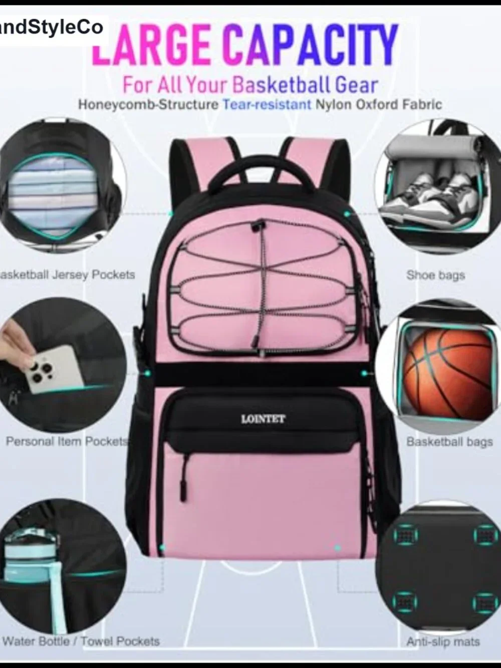 Large Basketball Backpack with Ball Holder & Shoe Compartment, Waterproof Nylon